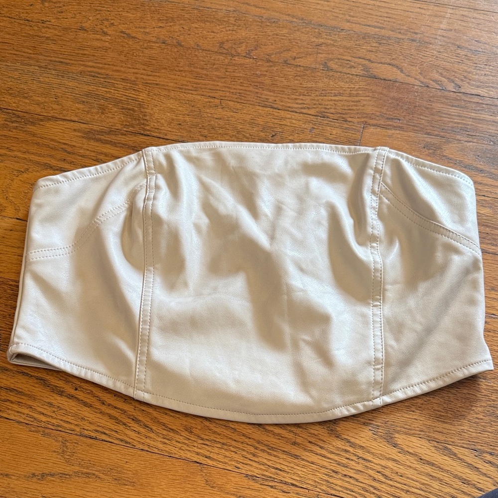 Beige Faux Leather Strapless Top
